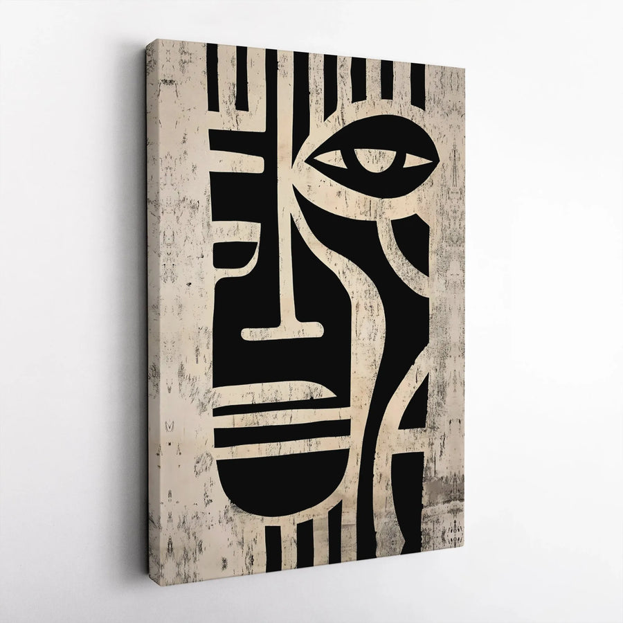 Abstract Tribal Face Canvas Art | Minimalist Geometric Black and White Print | Gallery-Quality 1.25 inch Profile | Modern Home Office Decor Gift