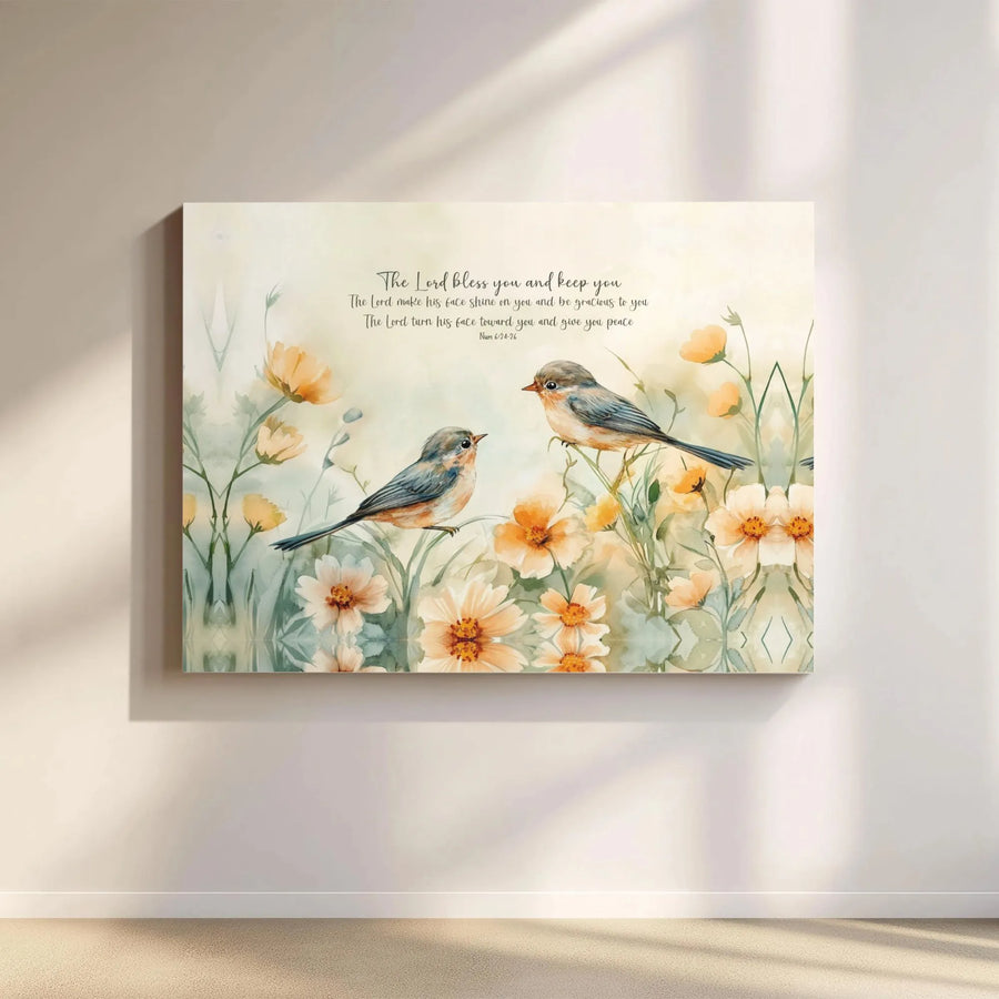 Bible Verse Canvas Print | Watercolor Birds with Numbers 6:24 Scripture | Premium Gallery Wrapped Art | Inspirational Christian Gift