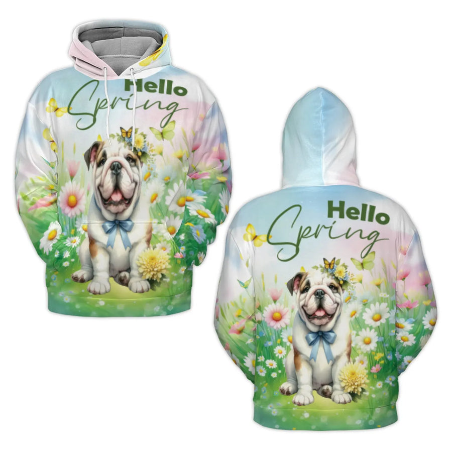 English Bulldog 3D Hoodie | Hello Spring Floral Butterfly Graphic | Soft Brushed Fleece Unisex Pullover | Cute Dog Lover Gift Apparel