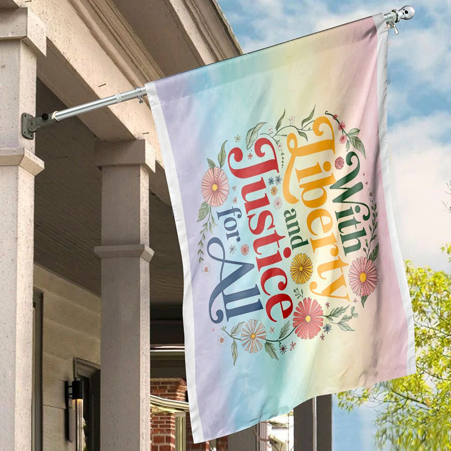 With Liberty And Justice For All House Flag | Floral Patriotic Garden Banner | Premium UV-Resistant Polyester | Seasonal Home Decor Gift