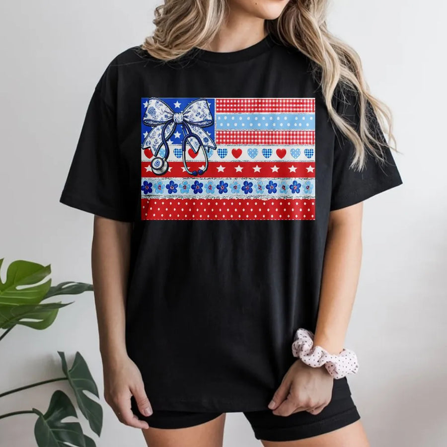 Patriotic Nurse T-Shirt | American Flag Coquette Bow Graphic | Soft Cotton Blend Sweatshirt | 4th of July Gift for RN LPN