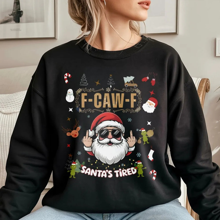 Santa's Tired Sweatshirt | Funny Rude Santa Middle Finger Graphic | Premium Cotton Blend Xmas Jumper | Gag Gift for Men and Women
