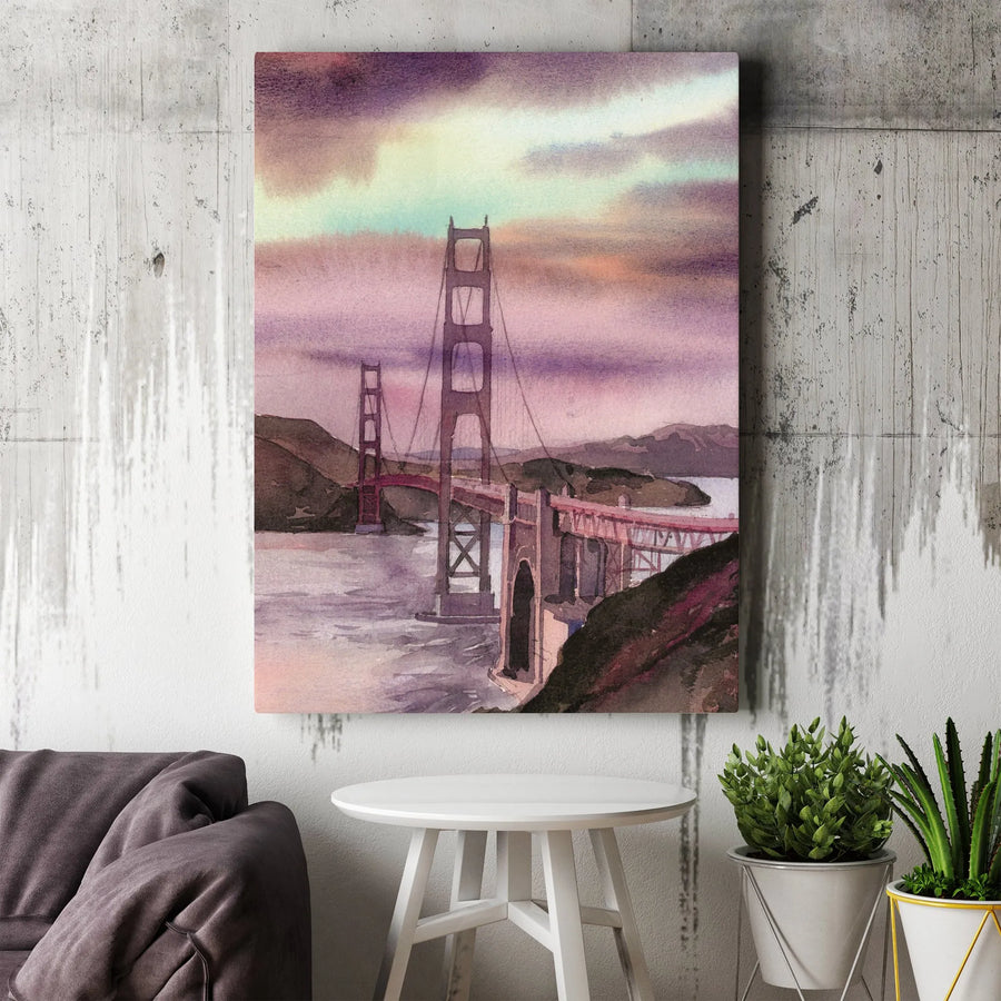 Golden Gate Bridge Canvas Wall Art | Watercolor Painting Print | Premium Gallery Wrapped Canvas | California Home Decor Gift
