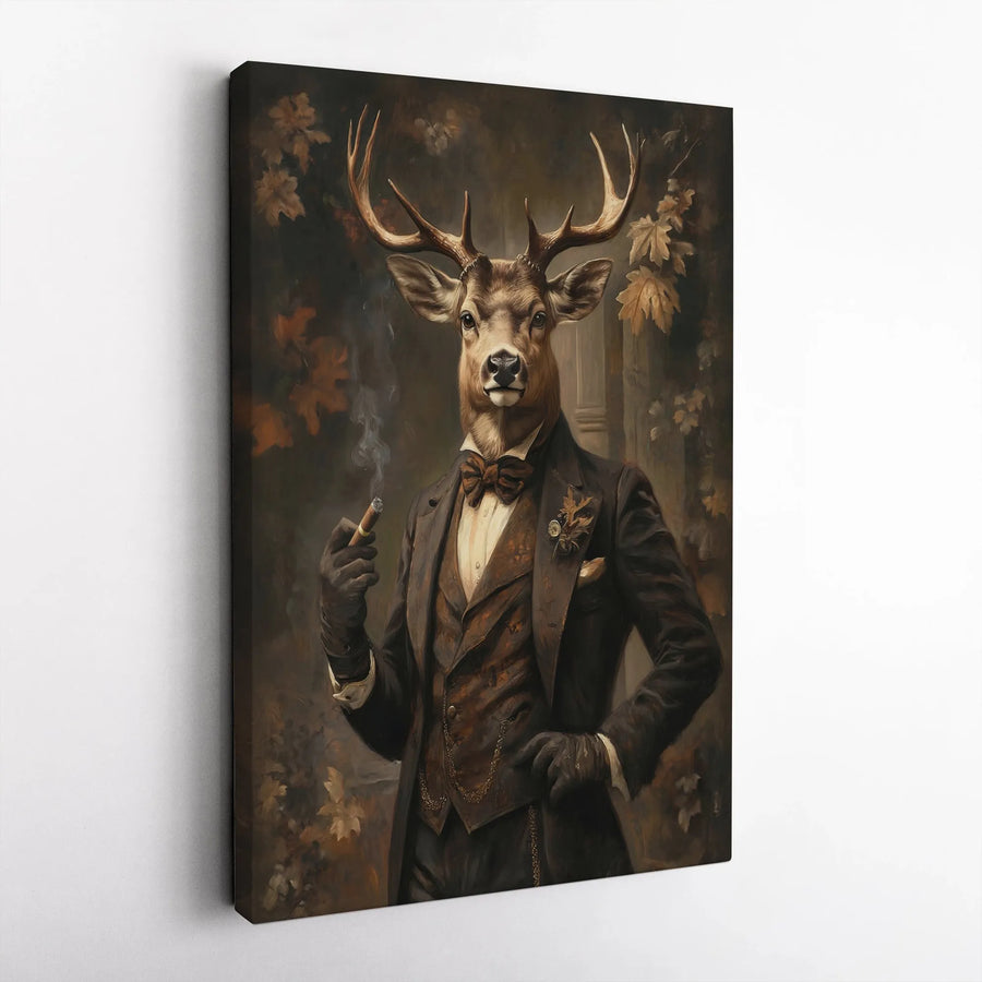 Gentleman Deer Wall Art | Anthropomorphic Stag in Suit Smoking Cigar Portrait | Premium 1.25" Gallery Canvas | Unique Man Cave Office Decor
