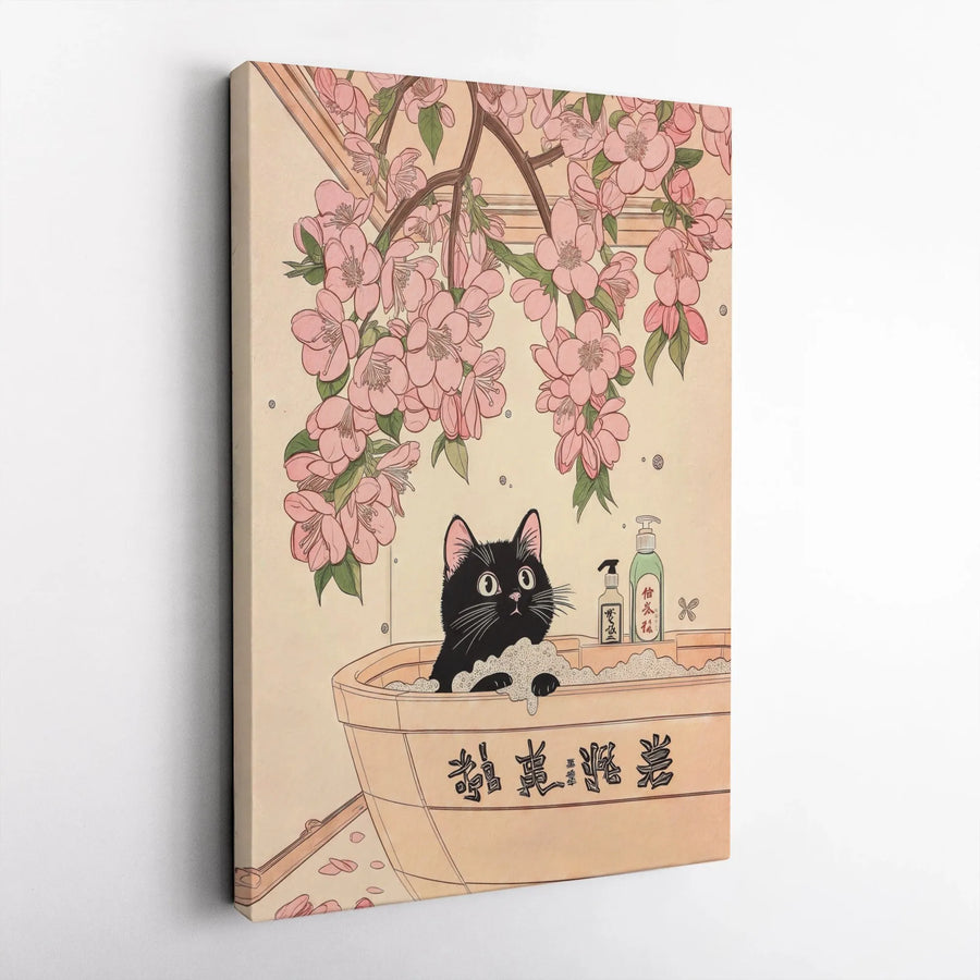 Japanese Black Cat Canvas Art | Cherry Blossom Ukiyo-E Wall Decor | Gallery Quality 1.25" Profile | Whimsical Pet Lover Gift