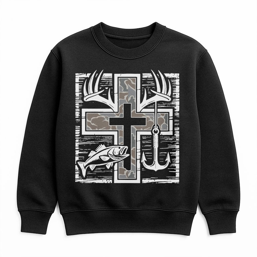 Fishing and Hunting Cross Sweatshirt | Camo Antler Fish Hook Graphic | Premium Cotton Blend | Gift for Outdoorsmen and Christian Sportsmen
