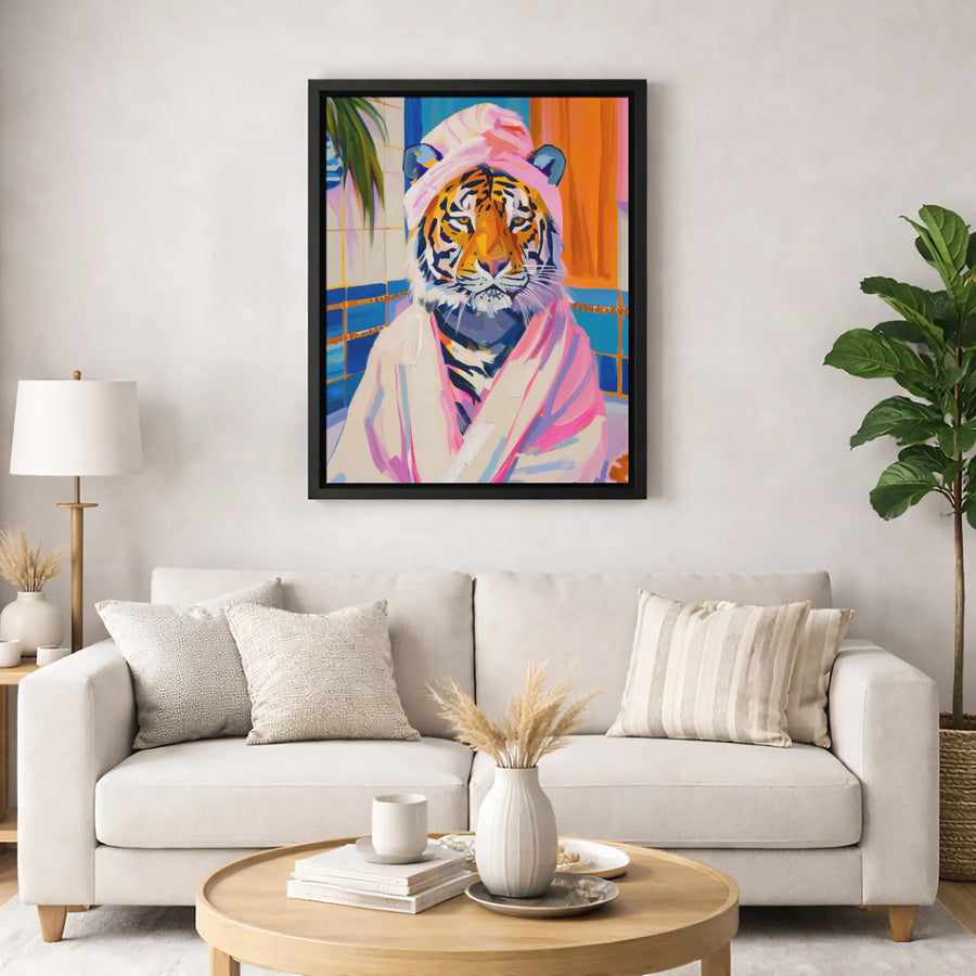 Tiger In Bathrobe Canvas Wall Art | Colorful Bathroom Animal Portrait | Premium Gallery Wrap Print | Whimsical Home Decor Gift
