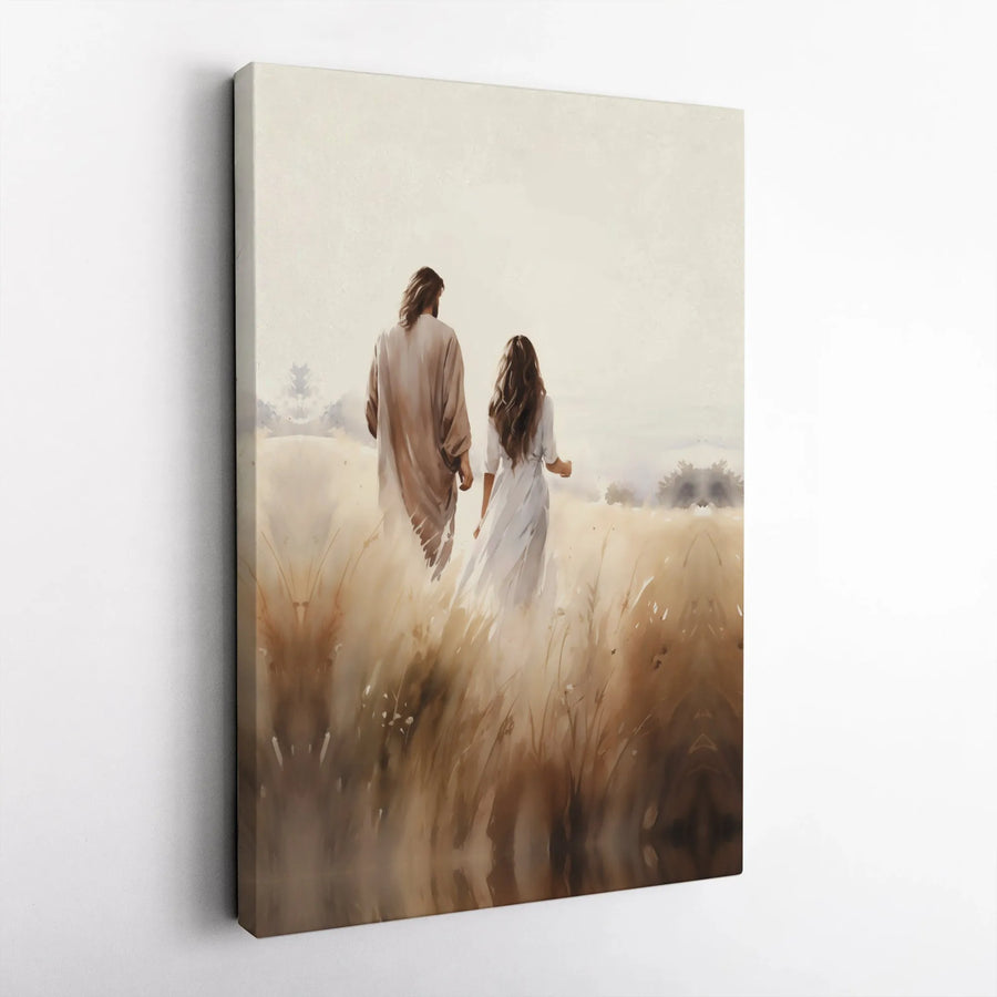 Jesus Walking With Woman Canvas Art | Religious Wheat Field Wall Decor | Premium Fade-Resistant Print | Spiritual Christian Home Gift