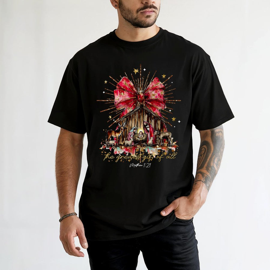 Nativity Scene T-Shirt | The Greatest Gift Of All Christian Christmas Design | 100% Cotton Premium Tee | Faith-Based Holiday Gift for Women and Men