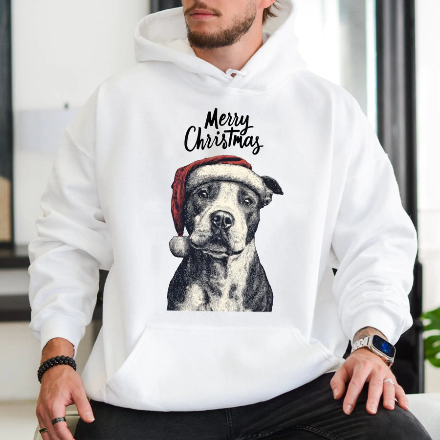 Pitbull Christmas Hoodie | Festive Santa Hat Dog Graphic | Premium Cotton Blend | Funny Holiday Sweatshirt Gift for Dog Lovers