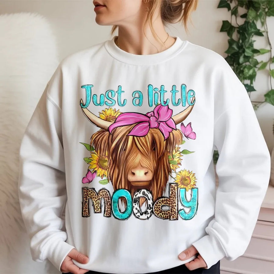 Just A Little Moody Highland Cow Sweatshirt | Boho Farmhouse Sunflower Graphic | Premium Cotton Blend Crewneck | Cute Animal Lover Gift For Her