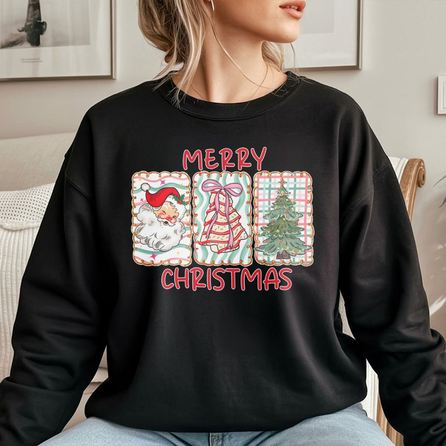Merry Christmas Sweatshirt | Retro Santa & Tree Graphic | Premium Cotton Blend | Cozy Holiday Gift for Women & Men