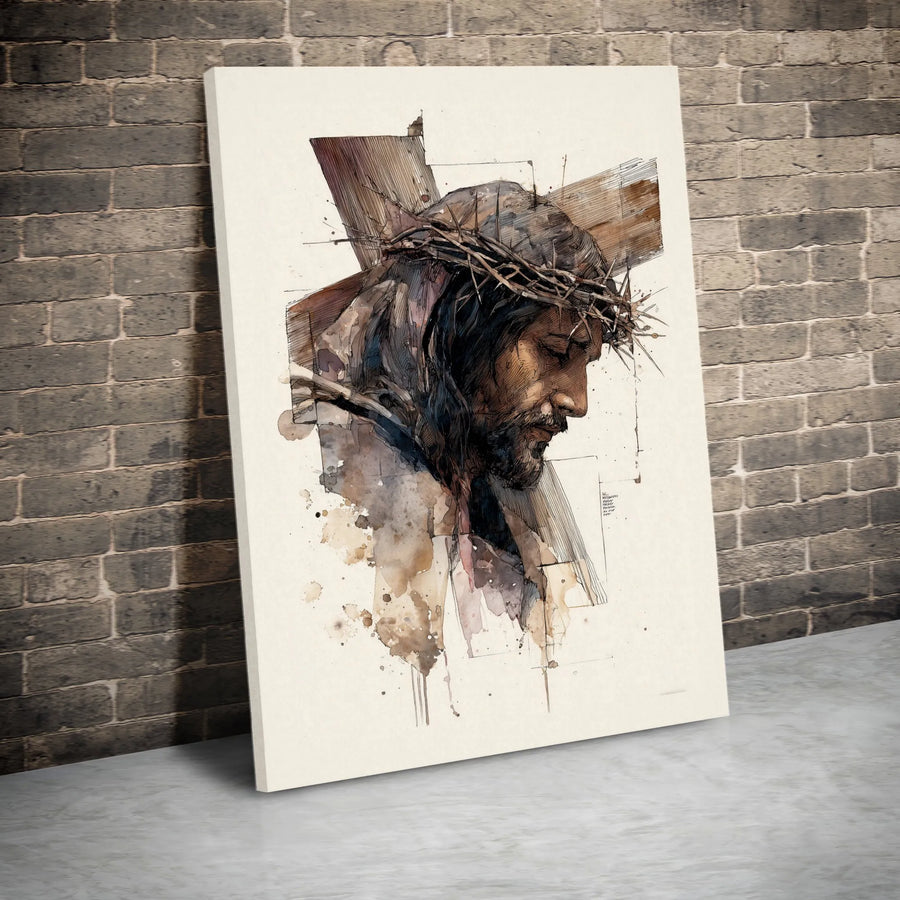Jesus Christ Canvas Wall Art | Watercolor Sketch with Crown of Thorns | Premium Canvas Print | Inspirational Christian Home Decor Gift