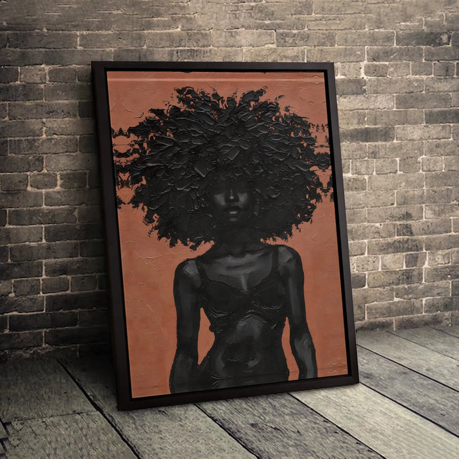 Black Woman Canvas Art | Textured Afro Hair Impasto Oil Painting | Premium Gallery Wrap Wall Decor | Empowering Home Office Gift