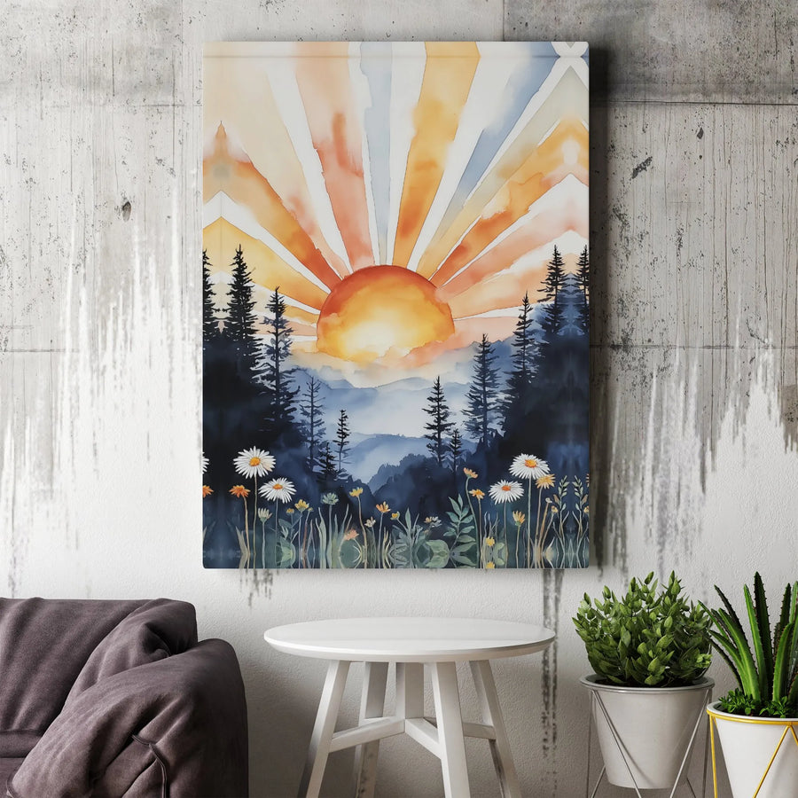 Watercolor Sunrise Forest Canvas Art | Mountain Wildflower Meadow Print | Premium Gallery Wrap Wall Decor | Nature Lovers Gift For Home