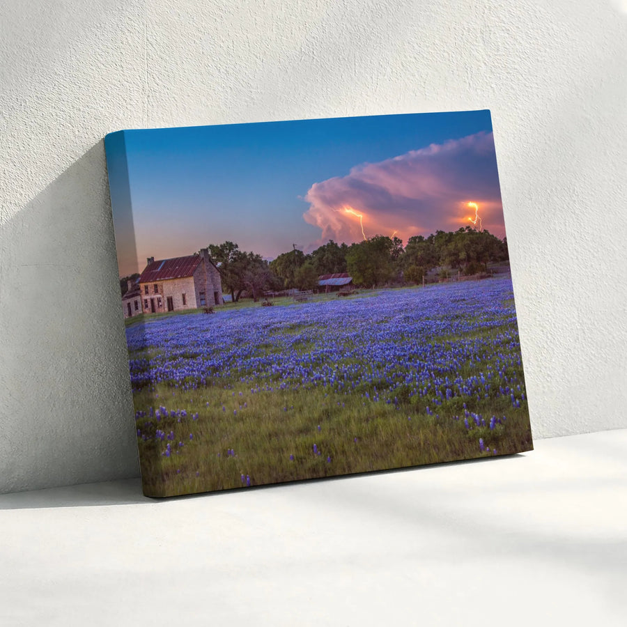 Texas Bluebonnet Field with Lightning Storm Horizontal Canvas | Rustic Hill Country Farmhouse Sunset Landscape Art | 1.25 Inch Gallery Wrap | Texas Pride Housewarming Gift