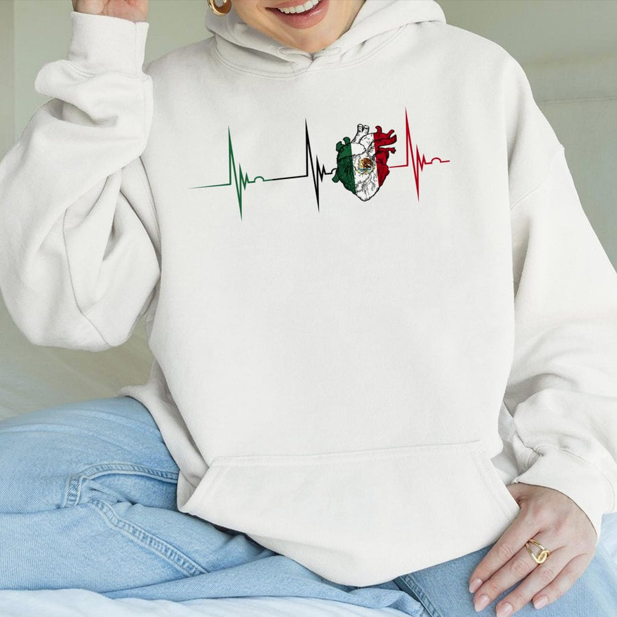 Mexico Flag Heartbeat Hoodie | Mexican Heart EKG Pulse Design | Premium Cotton-Blend | Mexican Pride Gift for Men and Women