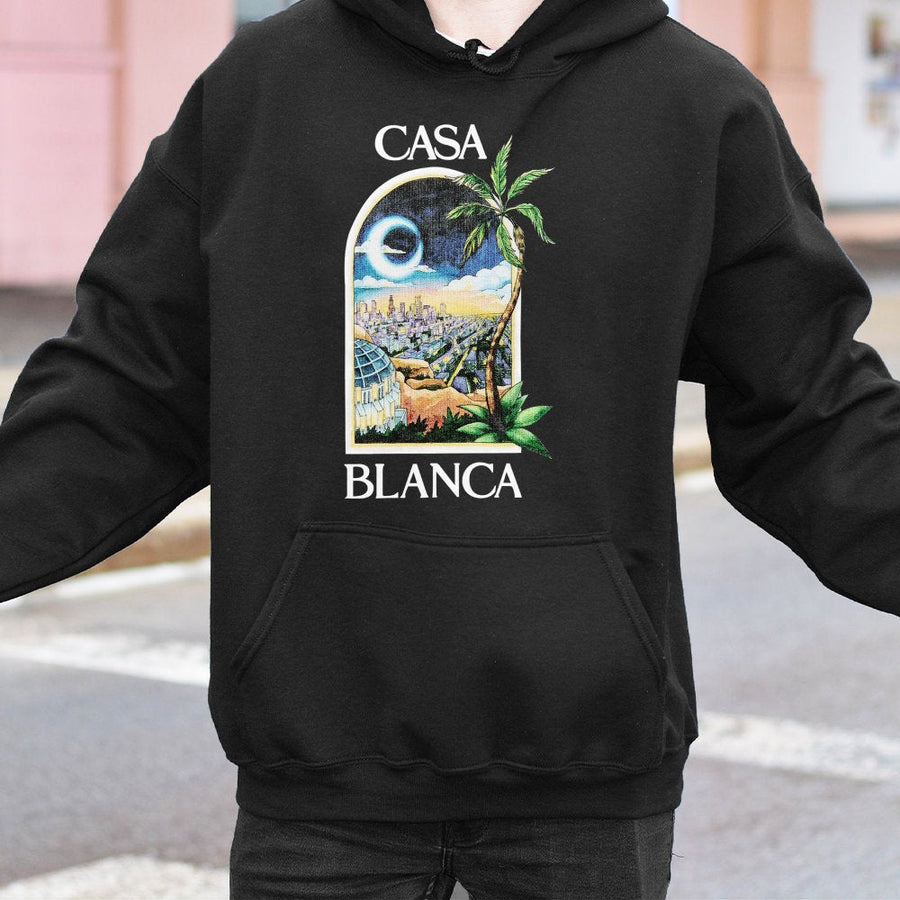 Casa Blanca Graphic Hoodie | Tropical City Skyline Art | Premium Cotton-Blend Fleece | Unisex Streetwear Gift for Travelers