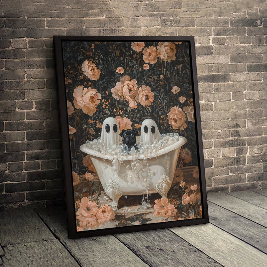 Black Pug Wall Art | Cute Ghosts in Clawfoot Tub Floral Canvas | Premium Fade-Resistant Print | Spooky Aesthetic Home Decor Gift