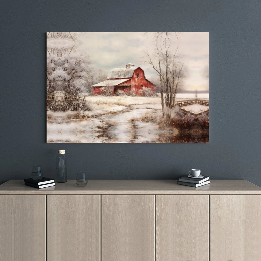 Rustic Red Barn Canvas Art | Snowy Winter Landscape Print | Premium 1.25 Inch Gallery Wrap | Farmhouse Wall Decor Gift For Country Home