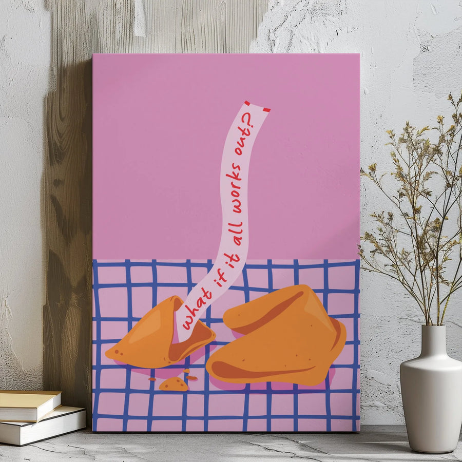 What If It All Works Out Canvas | Fortune Cookie Wall Art | Premium Gallery Wrap Print | Motivational Home Decor Gift for Office or Bedroom