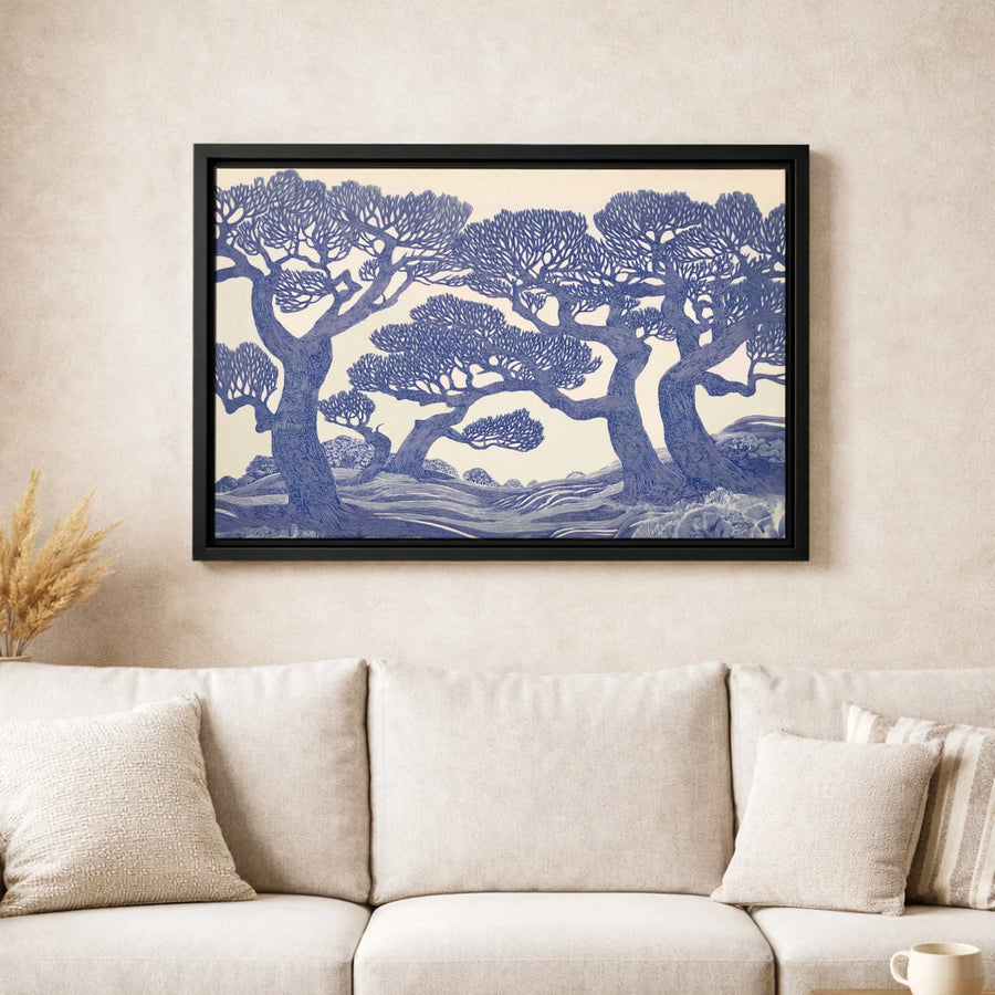 Gnarled Tree Grove Wall Art | Blue Linocut Style Landscape Print | Premium 1.25-Inch Gallery Canvas | Modern Home & Office Decor Gift