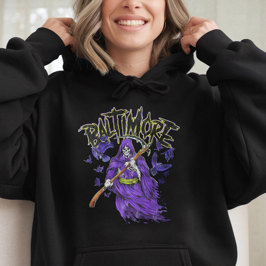 Baltimore Grim Reaper With Scythe And Ravens Hoodie