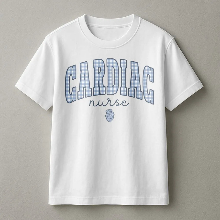 Cardiac Nurse T-Shirt | Gingham Varsity Lettering Crewneck | Soft Cotton Blend | CVICU Nursing Student Gift