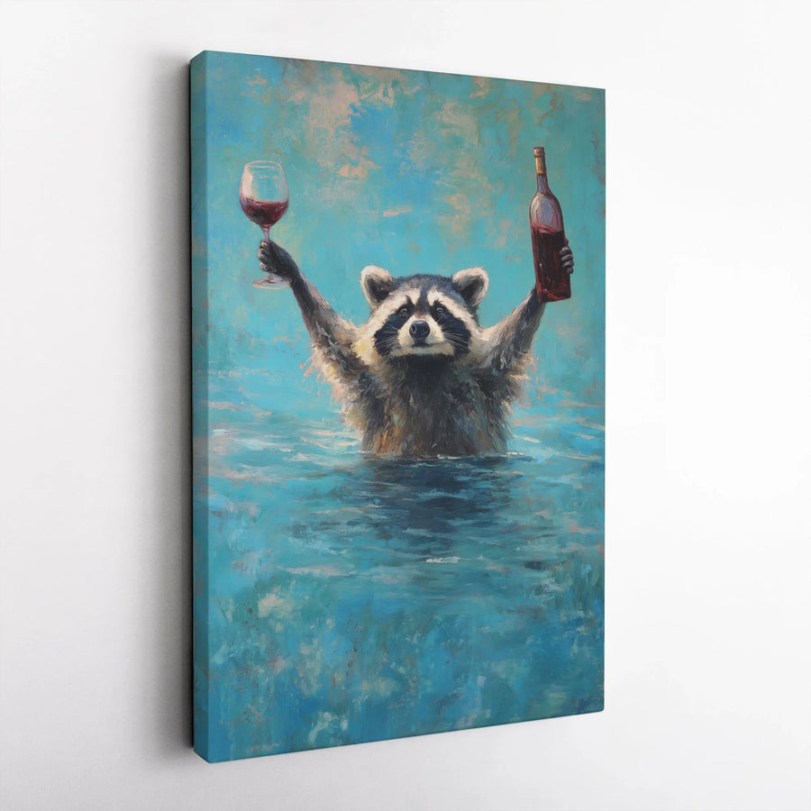 Raccoon Wall Art | Funny Wine Drinking Animal Canvas | Premium Gallery Wrapped Print | Unique Home Decor Gift For Wine Lovers