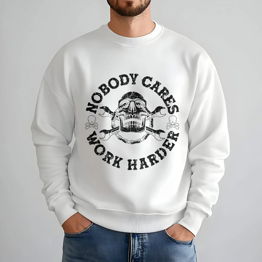 Nobody Cares Work Harder Sweatshirt | Motivational Skull Wrench Graphic | Premium Cotton Blend Crewneck | Gym Motivation Gift For Men