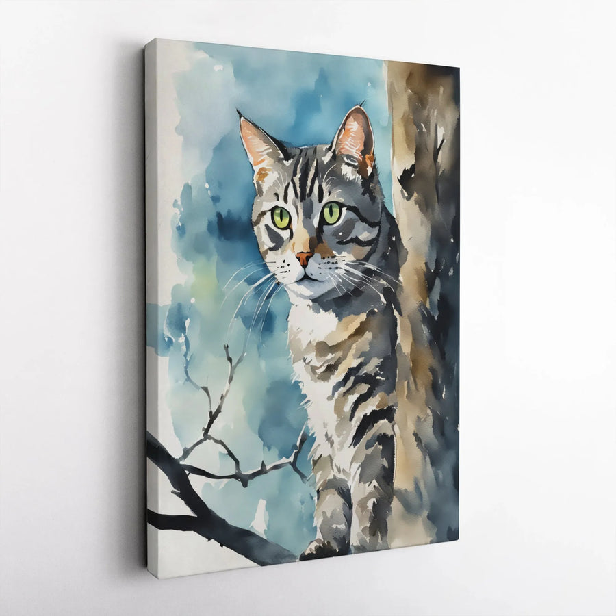 Tabby Cat Canvas Wall Art | Watercolor Green-Eyed Kitty in Tree | Premium Gallery Wrap Decor | Gift for Cat Lovers & Pet Owners