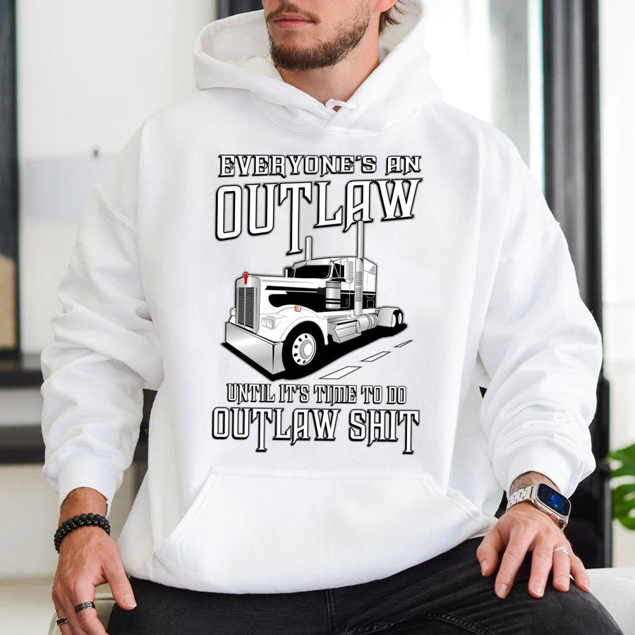 Trucker Hoodie | Everyone's An Outlaw Funny Semi Truck Graphic | Premium Cotton Blend | Gift For Truck Driver Or Diesel Mechanic