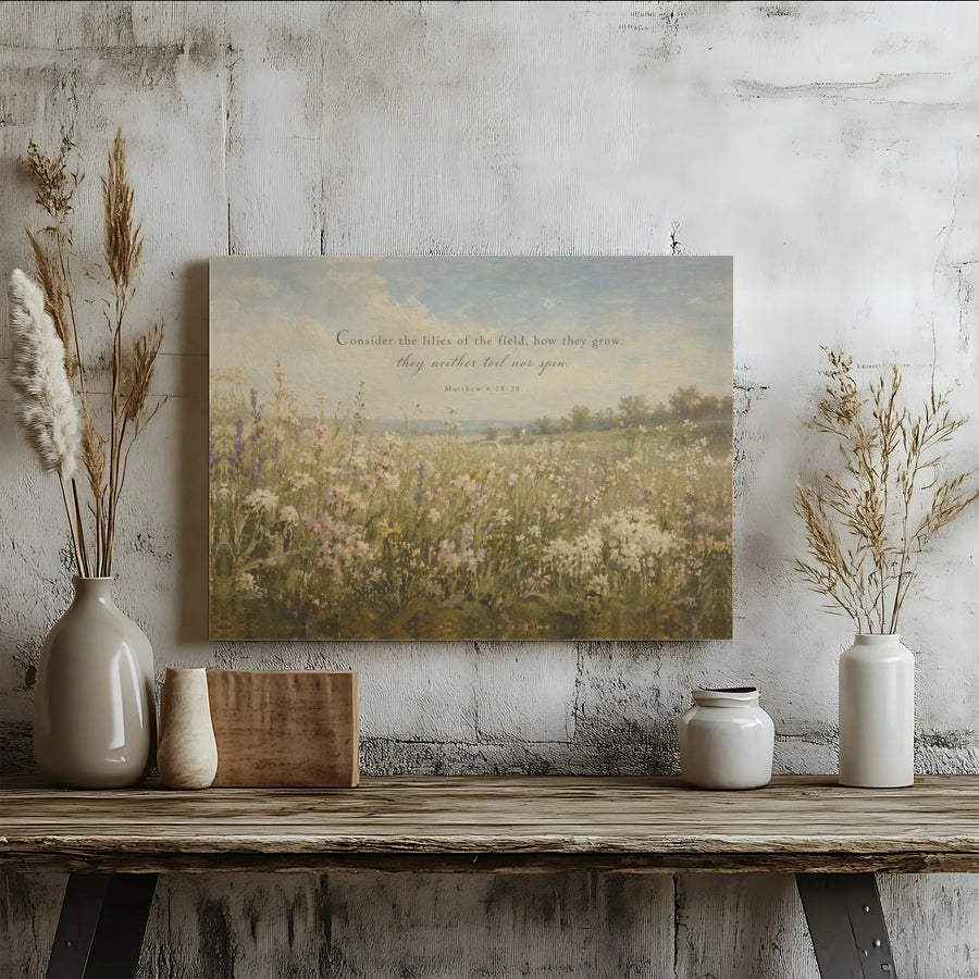 Consider the Lilies Bible Verse Horizontal Canvas | Vintage Wildflower Meadow Landscape Art Print | Premium 1.25" Gallery Wrap | Inspirational Christian Gift