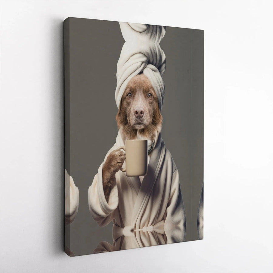 Dog in Bathrobe Canvas Wall Art | Humorous Spa Dog Portrait | Thick Gallery Wrap Canvas | Gift for Dog Mom, Funny Bathroom Decor