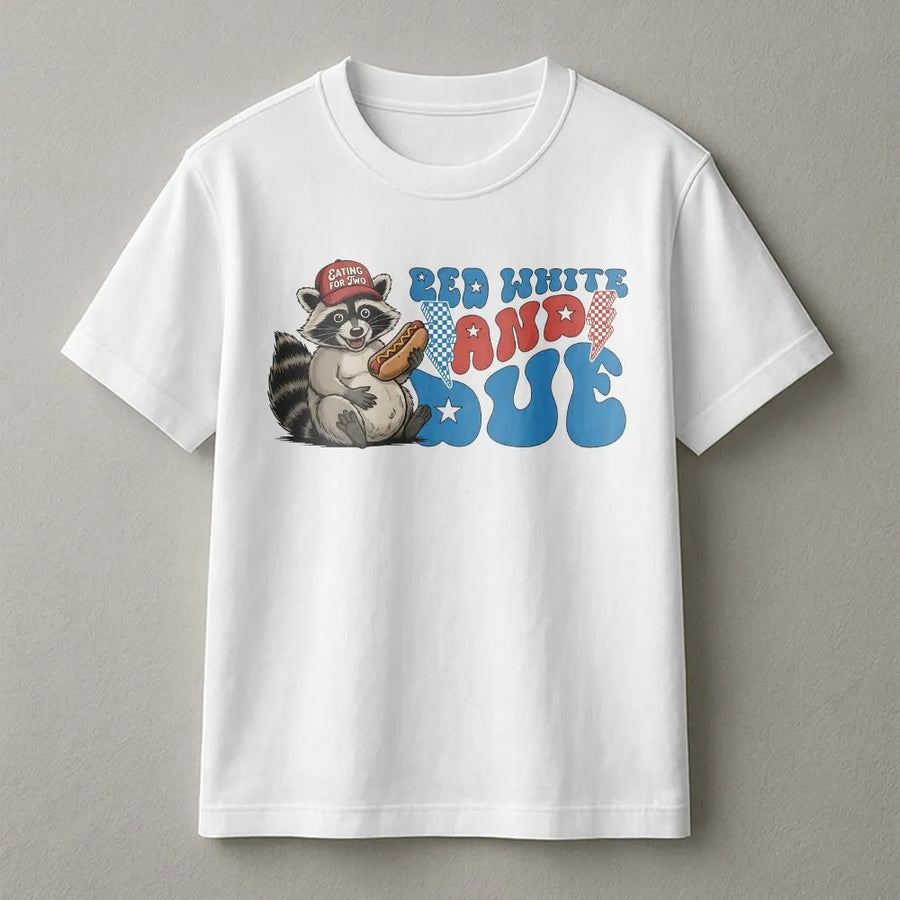 Red White and Due T-Shirt | Funny Raccoon 4th of July Graphic | Premium Cotton Blend | Gift for Expecting Mom & Baby Announcement