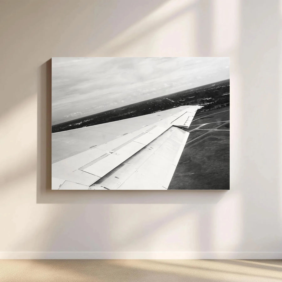 Airplane Wing Canvas Print | Black and White Aviation Photography | Premium Gallery-Quality Art | Travel Themed Home Decor Gift for Pilot