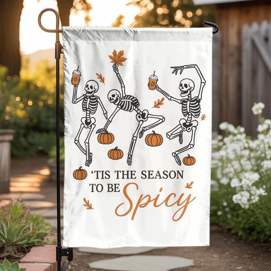 Dancing Skeletons Garden Flag | Pumpkin Spice Halloween Decor | Premium Weather-Resistant Polyester | Autumn Yard Gift for Fall Enthusiasts