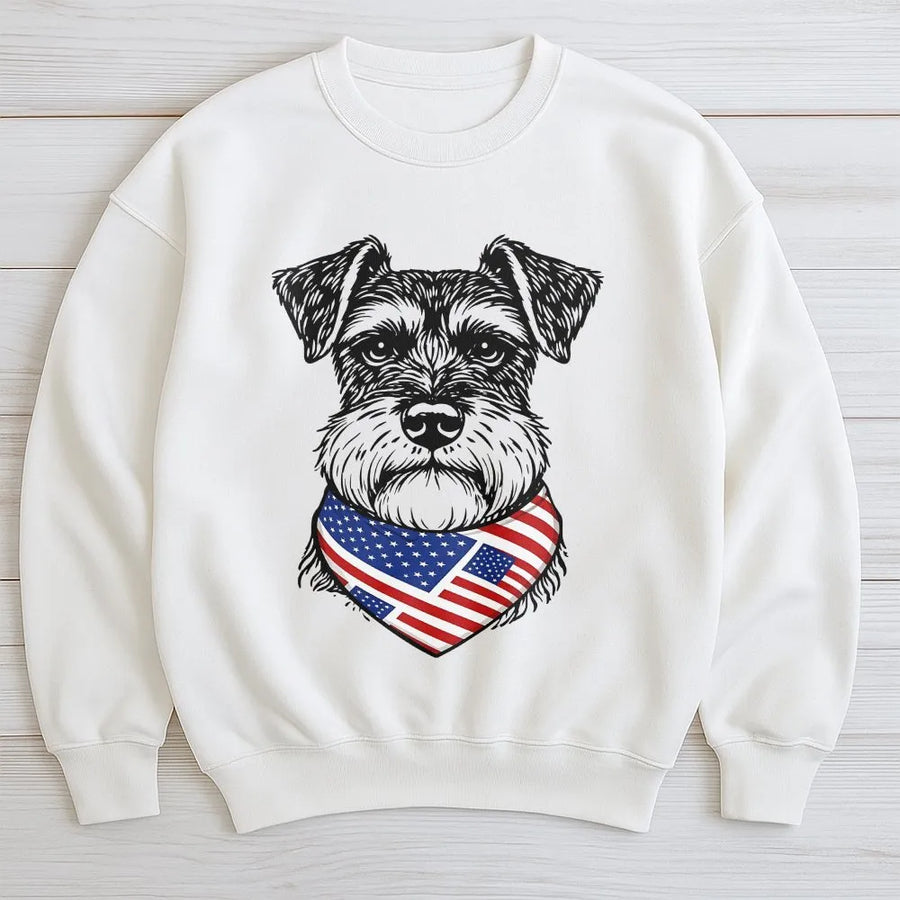 Patriotic Schnauzer Sweatshirt | Dog with USA Flag Bandana Graphic | Soft Cotton Unisex Tee | 4th of July Gift for Dog Mom Dad