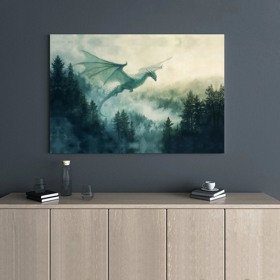 Dragon Wall Art Canvas | Misty Pine Forest Fantasy Landscape | Gallery Wrap Premium Print | Magical Home Decor Gift for Fantasy Lovers