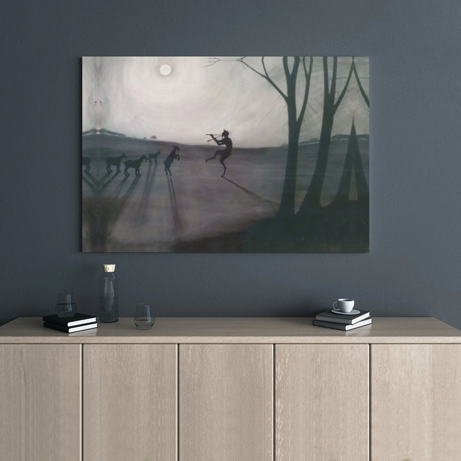 Satyr Pan Wall Art | Mythological Flute Player and Dancing Goats Canvas | Premium Gallery Wrap Decor | Dark Fantasy Home Office Gift