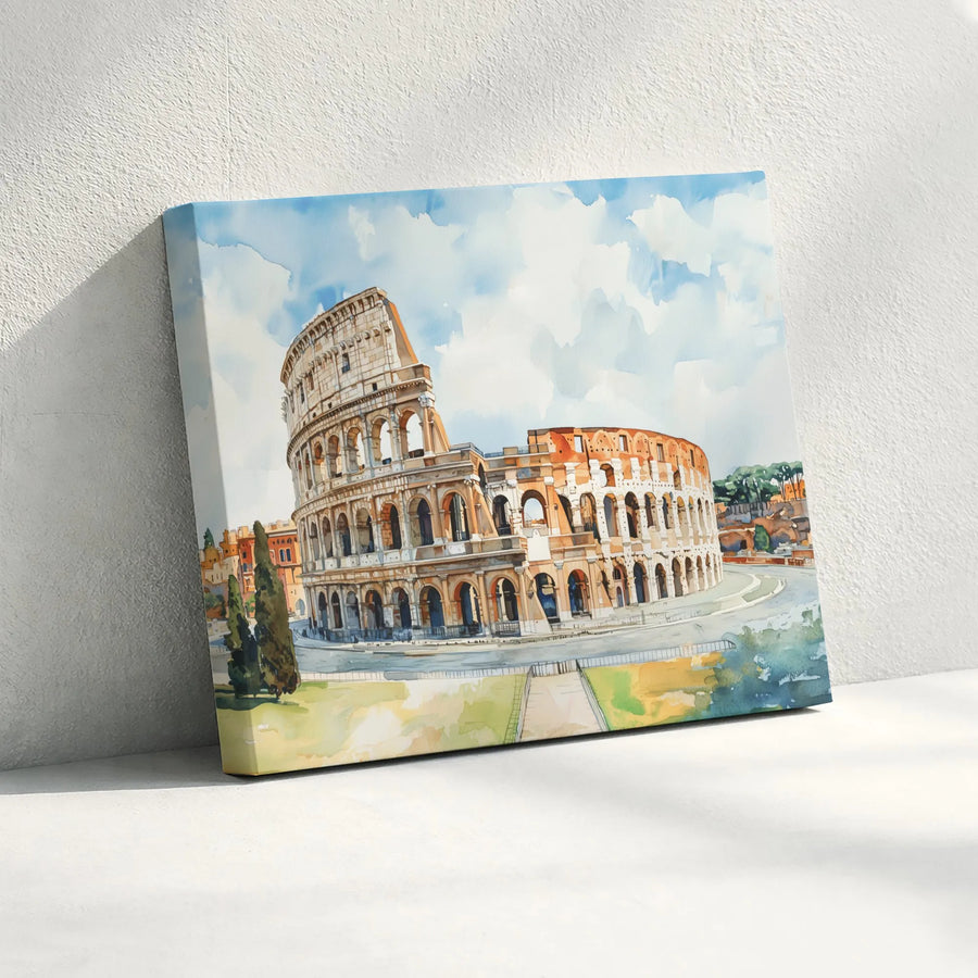 Roman Colosseum Canvas Print | Watercolor Italy Landscape Art | Premium Gallery Wrapped Wall Decor | Gift for Travel Lovers
