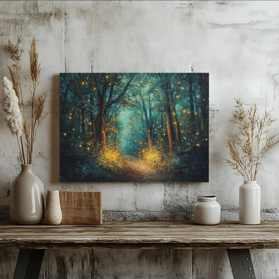 Enchanted Forest Wall Art | Glowing Firefly Path Canvas Print | Premium Gallery-Wrapped Decor | Whimsical Nature Landscape For Home