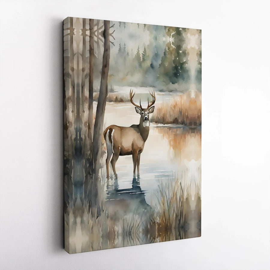 Deer Canvas Wall Art | Watercolor Forest Landscape Painting | Premium Gallery Wrap Canvas | Rustic Cabin Decor Gift for Nature Lovers