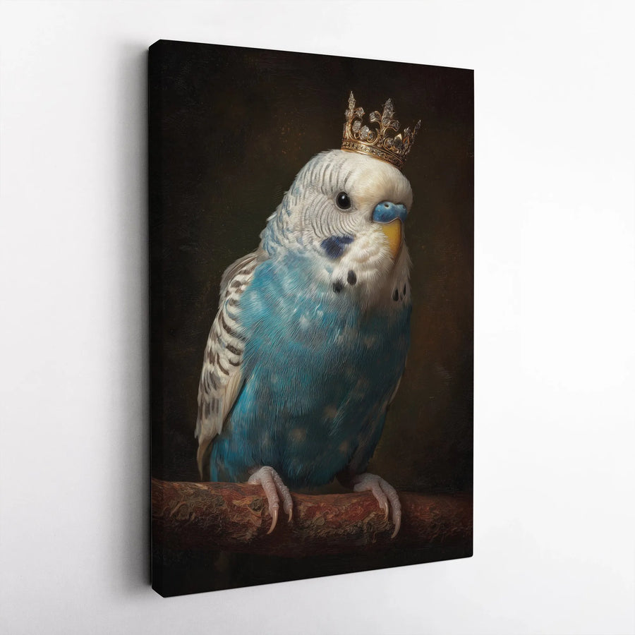 Royal Budgerigar Canvas Print | Blue Parakeet Wearing Gold Crown | Premium Gallery-Wrapped Wall Art | Bird Lover Gift Home Decor