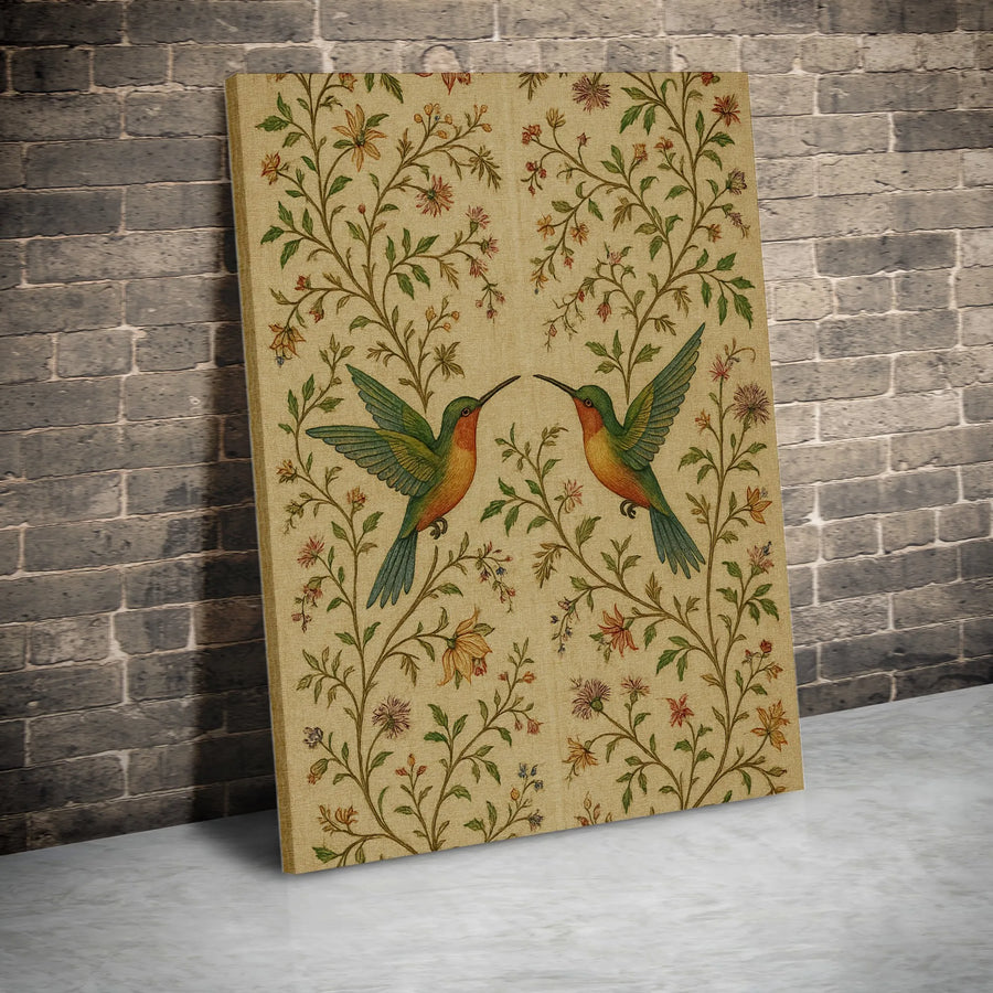 Vintage Hummingbird Vertical Canvas | Symmetrical Floral Tapestry Style Print | Premium Gallery Wrapped Canvas | Cottagecore Home Decor Gift