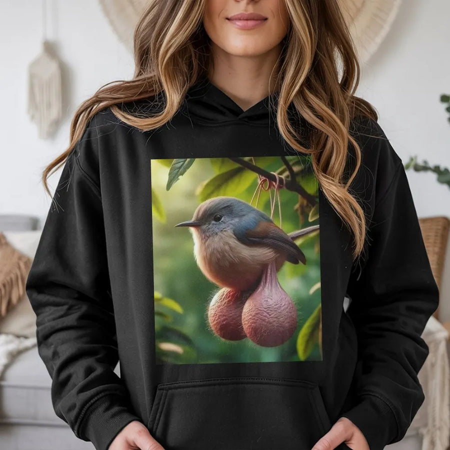 Funny Bird With Balls Hoodie | Titmouse Meme Graphic Jumper | Soft Fleece Pullover | Gag Gift for Bird Lovers