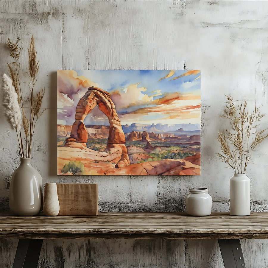 Delicate Arch Canvas Print | Arches National Park Watercolor Art | 1.25-Inch Gallery Wrap | Premium Utah Landscape Wall Decor Gift