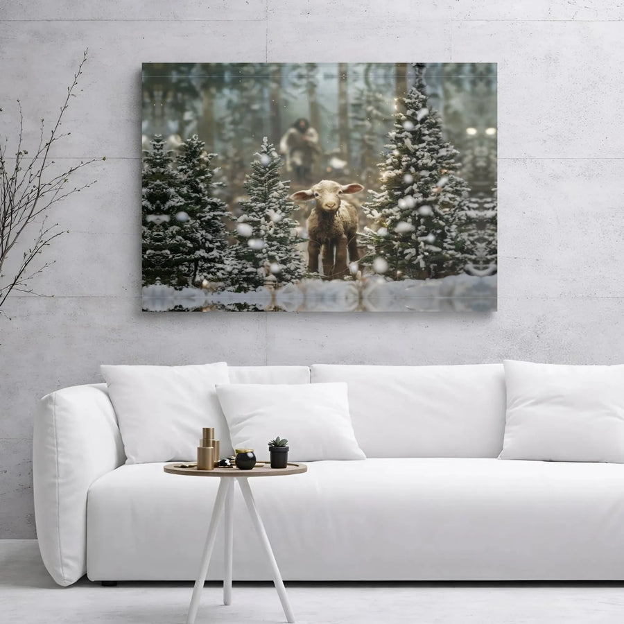 Jesus The Good Shepherd Canvas Art | Snowy Christmas Forest Landscape | Premium Gallery Wrap | Religious Holiday Home Decor Gift