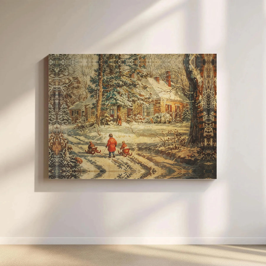 Vintage Winter Landscape Canvas | 1905 Sledding Children Art Print | 1.25" Gallery Wrap Premium Wall Decor | Cozy Holiday Home Gift for Winter Lovers