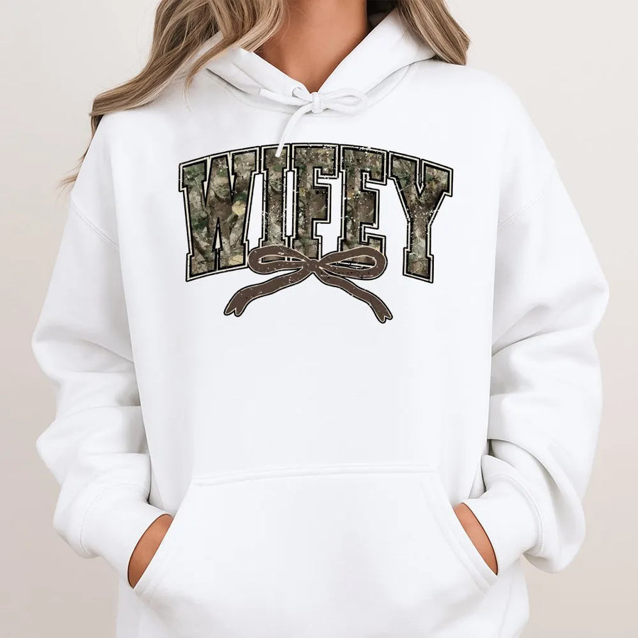 Wifey Camo Hoodie | Trendy Coquette Bow Graphic | Premium Cotton Blend | Gift For Hunting Wife Or Newlywed